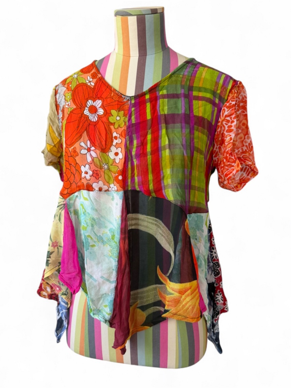 Sacred Threads Patchwork Handkerchief Hem Sheer Top 100% Rayon